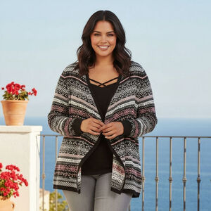 Torrid 0 Large Black White Pink Fair Aisle Long Sleeve Open Cardigan